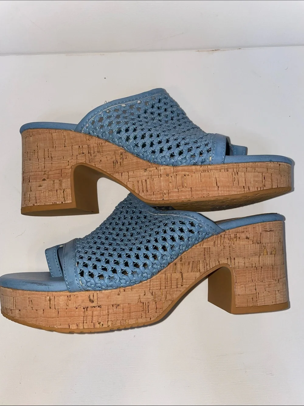 BareTraps Light Blue Woven Cork-Platform Wedge Sandals-Sz 8